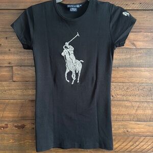 Ralph Lauren Black T-Shirt with Silver Pony Logo Embroidered